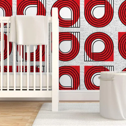 Vista 6 de Muestras de papel tapiz para despegar y pegar, Bauhaus rojo y blanco, moderno, abstracto, geométrico, círculos negros, gráfico, papel tapiz