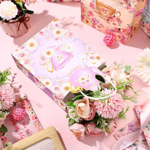 Vista 4 de Lincia Paquete de 24 bolsas de regalo de fiesta de té, decoraciones de tazas de té, bolsas florales para golosinas con asas y diseño de tetera