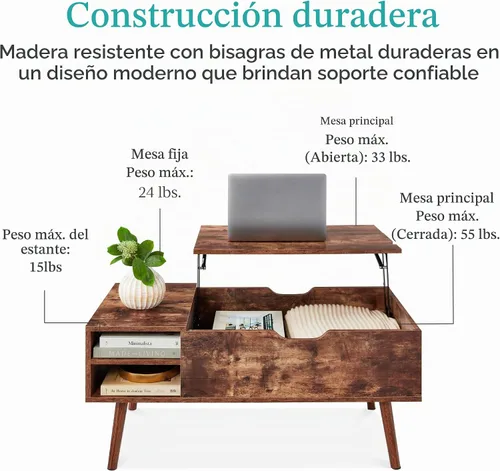 Vista 7 de Best Choice Products Mesa auxiliar elevable, mesa de centro multifuncional de madera de mediados de siglo para sala de estar con almacenamiento