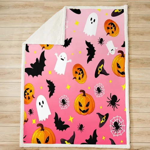 Vista 2 de Manfei Manta de Halloween con farol de calabaza, fantasmas, para decoración de habitación de niños y niñas, manta de araña negra para sofá, manta