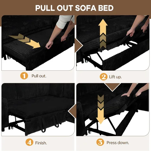 Vista 8 de Sofá cama modular de 103.5 pulgadas con cama extraíble, sofá de gran tamaño con almacenamiento, sofá modular para sala de estar, color beige Negro