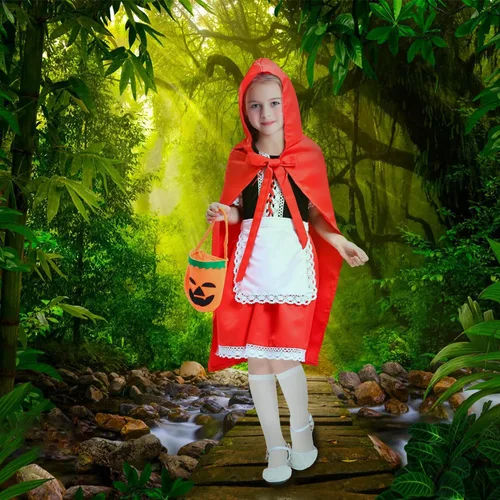 Vista 5 de Disfraz de Caperucita Roja para Niñas, Disfraz de Halloween con capa, diadema, bolsa de calabaza