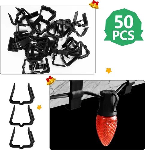 Vista 3 de 50 ganchos para colgar luces navideñas, 1.62 pulgadas, clips de tablero, clips negros de plástico para luces navideñas C7, C9, mini cadena de luces