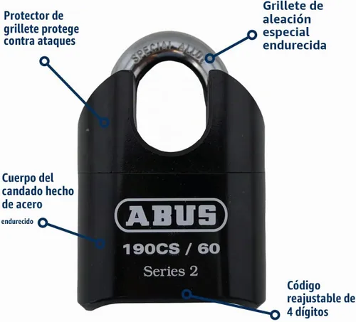 Vista 5 de ABUS Candado de combinación de acero sólido de alta seguridad 190CS/60, grillete cerrado