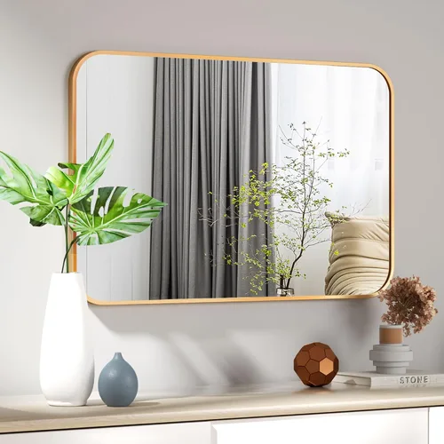 Vista 8 de HARRITPURE Espejo de baño redondeado de 20 x 28 pulgadas, espejo de pared rectangular con marco de aleación de aluminio, espejo colgante