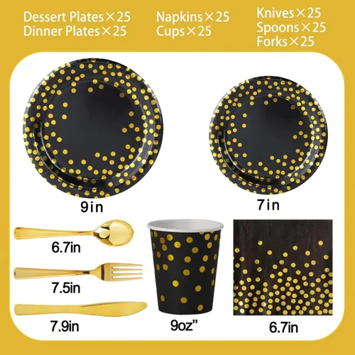 Vista 2 de 175 piezas de suministros de fiesta negros y dorados, lunares dorados en platos de papel negro, servilletas y vasos, cubiertos de plástico dorado