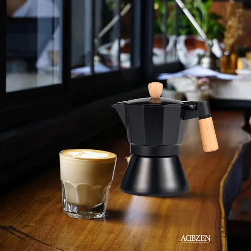 Vista 6 de Moka Pot - Cafetera para estufa, estilo italiano, cafetera clásica con mango de madera natural (3 tazas)