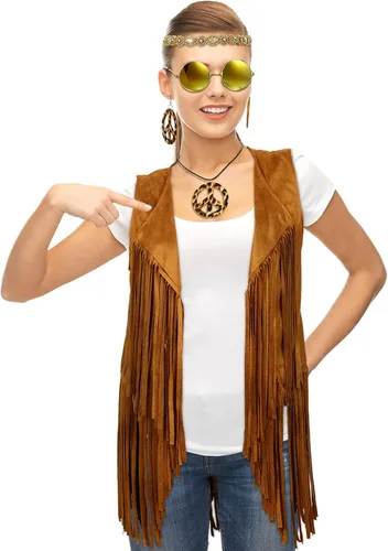 Vista 4 de Conjunto de accesorios de disfraz hippie de los años 60, 70, 80, 90, juego de accesorios de gafas de sol con borlas y flecos, chaleco sin mangas