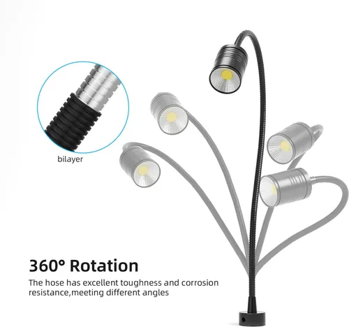 Vista 5 de Luz de trabajo magnética LED de 15.748 in Lámpara de cuello de cisne flexible 500 lúmenes 120 voltios para máquina de coser, torno de fresado
