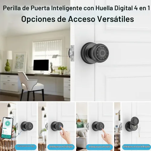 Vista 2 de BIWIBON Manija de puerta inteligente 4 en 1, perilla de puerta con huella dactilar con control de aplicación, cerradura de puerta inteligente