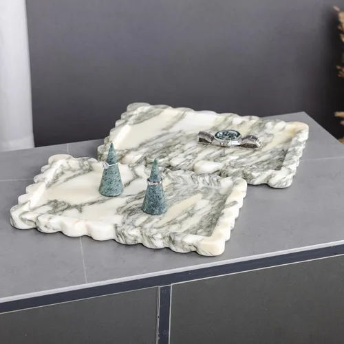 Vista 7 de Bandeja rectangular de mármol con borde ondulado para decoración del hogar para baño/cocina/tocador/aparador sin resina