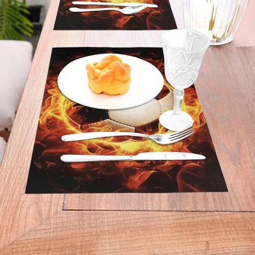 Vista 3 de 6 PCS PVC Placemats Set Place Mats Burning Football Non-Slip Weave Place Mats 12" x 18" Farmhouse Table Mat Set for Family Dinners Wedding Parties