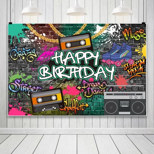 Vista 3 de AOFOTO Telón de fondo de feliz cumpleaños de los años 80 y 90, de 5 x 3 pies, tema de regreso a los 80, 90, hip-hop, rock, fondo de cumpleaños