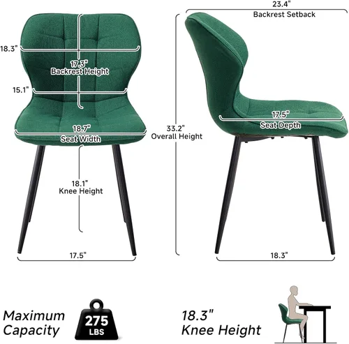 Vista 2 de Juego de 4 sillas de comedor, tela resistente al agua, modernas sillas tapizadas para comedor y cocina con patas de metal, color verde (solo sillas)
