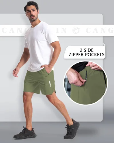 Vista 4 de CANGHPGIN Paquete de 2 pantalones cortos deportivos de entrenamiento para hombre, entrepierna de 7 pulgadas, pantalones cortos de senderismo