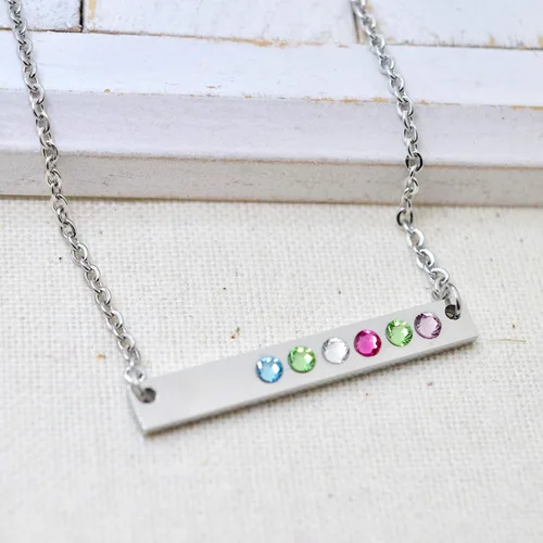 Vista 3 de Birthstone Bar Necklace, Custom Horizontal Bar Necklace, Mother Nana Grandma Present, Skinny Silver