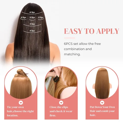 Vista 5 de LONAI 6 extensiones de cabello con clip, 24 pulgadas de largo, lacio, sintético, postizo para mujer, rubio ceniza natural