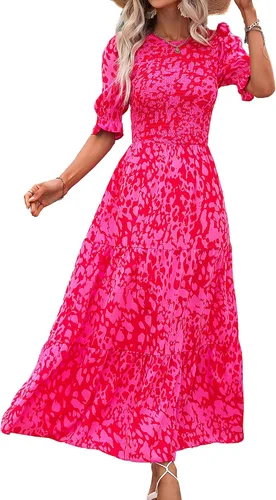 Vista 69 de BTFBM Vestidos para mujer, cuello redondo, casual, de verano, con volantes, manga corta, bohemio, con niveles, fruncido, largo, con estampado floral
