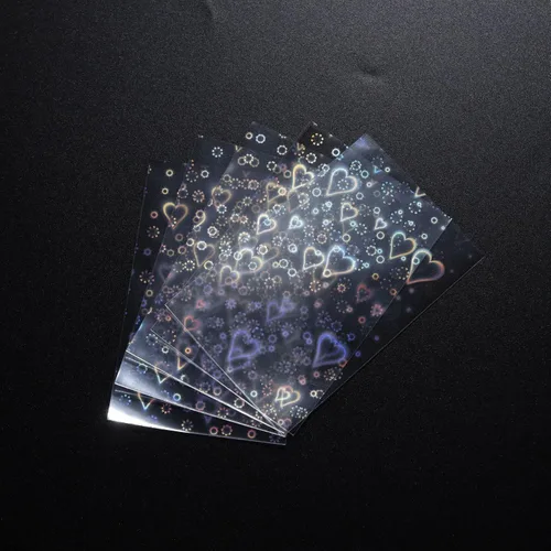 Vista 6 de 100 fundas holográficas con forma de corazón dulce, lindo protector de tarjeta Holo brillante para Kpop Idol/TCG/CCG tamaño estándar/cubierta