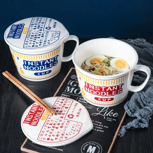 Vista 3 de Tazones de ramen con tapa y asa, lindos tazones de fideos instantáneos para ramen, juegos de cuencos grandes de cerámica con tenedor, regalo para 2