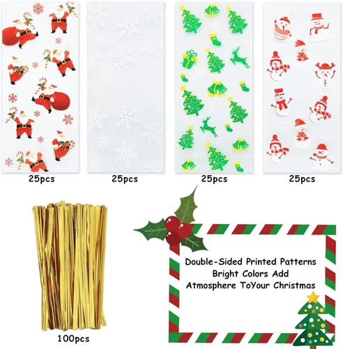 Vista 3 de Boerni 100 bolsas de celofán de Navidad, bolsas de plástico para violonchelo de Navidad con lazos giratorios para dulces, galletas, golosinas