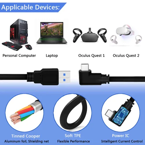 Vista 3 de Cable de enlace de 16 pies para Oculus Quest 2 Quest 1 Rift S VR cable de enlace de PC VR USB 30 tipo A a C 5 Gbps cable de carga de transferencia