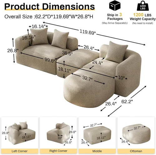 Vista 2 de OUYESSIR - Sofá modular curvado de 119 pulgadas con otomana, color marrón claro Camello