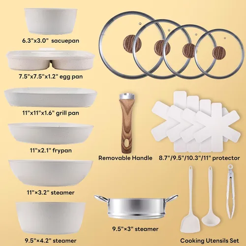 Vista 2 de Sweetcrispy Juego de 17 ollas y sartenes antiadherentes, juego de cocina no tóxico con asas que se mantienen frescas, color blanco crema