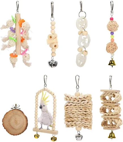 Vista 8 de Natural Wooden Parrot and Bird Toys Set Climbing Chew Toys 8 Pack with Swing Cage