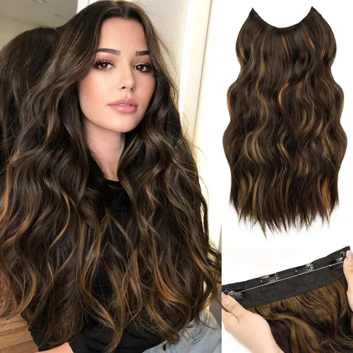 Vista 11 de Extensiones de Cabello con Alambre Invisible - Extensiones de Cabello Halo de 14 Pulgadas Largas Onduladas Postizo Sintético con Alambre