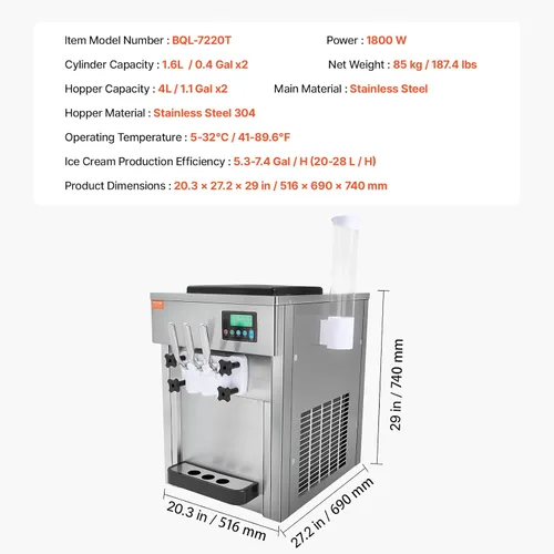 Vista 8 de Máquina comercial de helados VEVOR, máquina de helado de servicio suave de 21 QT/H con panel LCD, limpieza automática, pre-enfriamiento para 3