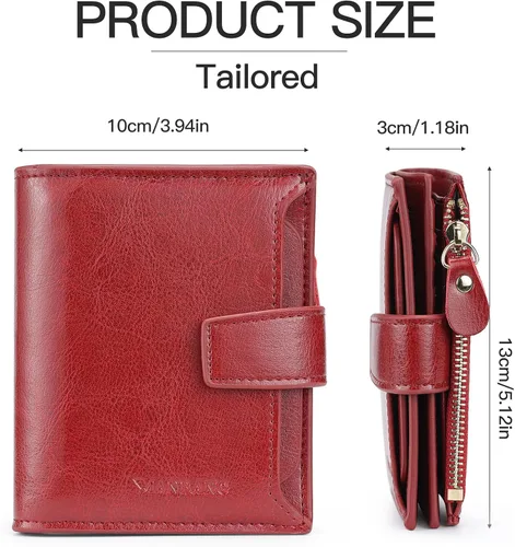 Vista 3 de Billeteras de cuero para mujer, con bloqueo RFID, pequeña, plegable, con cremallera, bolsillo para tarjetas, con ventana de identificación.., Rojo
