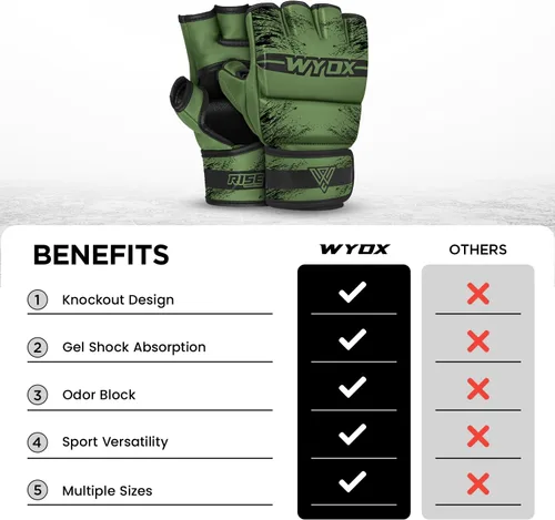 Vista 7 de WYOX Guantes MMA para hombres y mujeres – Guantes de boxeo de agarre y combate con diseño de palma abierta, guantes de entrenamiento acolchados sin