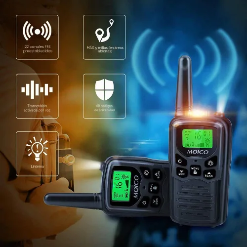 Vista 2 de Walkie Talkies, Walkie talkies de largo alcance MOICO para adultos con 22 canales FRS, walkie talkie familiar con linterna LED, pantalla LCD VOX