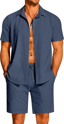 Vista 25 de COOFANDY Conjunto de 2 piezas de algodón y lino para hombre, camisas de manga corta con botones, pantalones cortos de playa de verano, trajes