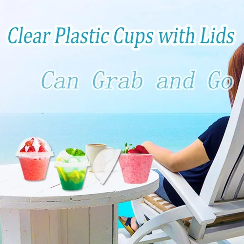 Vista 2 de Szsrcywd 50 Piezas Vasos de Plástico Transparente de 6 oz con Tapas de Cúpula, Vaso de Parfait Transparente, Vasos de Postre Desechables para Fruta