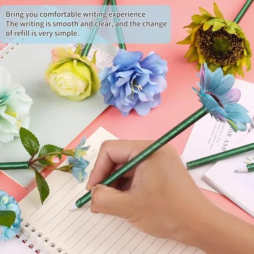 Vista 6 de Leery Bolígrafos de flores para adultos – Juego de 16 bolígrafos mezclados con rosas azules, elegante accesorio de escritorio y regalo para ella