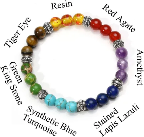 Vista 7 de Eigso Pulsera elástica de piedra de cristal de meditación curativa de 7 chakras para mujer con símbolo de loto, yoga, árbol, OM