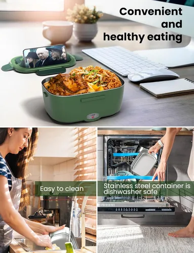 Vista 4 de Lonchera eléctrica para adultos, lonchera de 80 W con doble contenedor de acero inoxidable de 1.5 L, calentador de alimentos portátil con bolsa