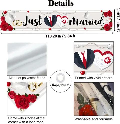 Vista 2 de Labakita Cartel grande de Just Married, cartel de ceremonia de boda para patio delantero, cartel de boda para exterior interior, suministros