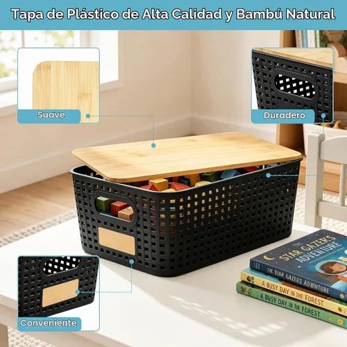 Vista 2 de Contenedores pequeños de plástico con tapas de bambú de 5.2 cuartos de galón, cesta apilable para despensa, contenedores decorativos lindos