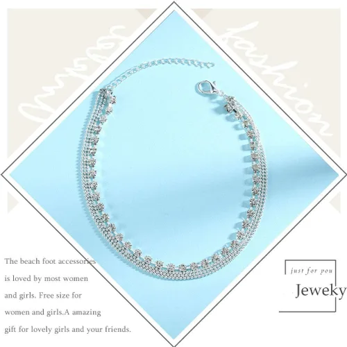 Vista 2 de JEWEKY Tobilleras bohemias de cristal en capas, pulseras de tobillo con diamantes de imitación plateados, cadena de playa, joyería para mujeres