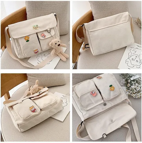 Vista 3 de Bolso cruzado de lona con pines Kawaii y colgante, multifunción, casual, lindo hombro mensajero bolsa de viaje para niñas adolescentes