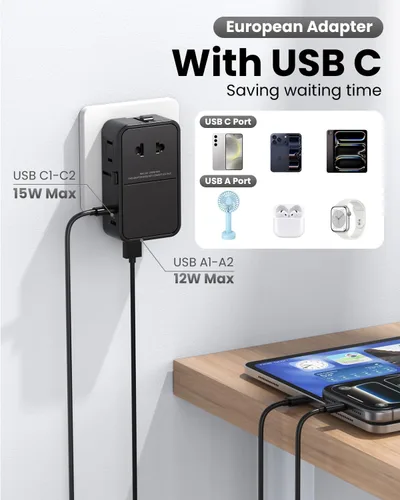 Vista 5 de Adaptador de enchufe de viaje universal, 7 puertos (2 USB-C, 2 USB-A, 3 CA), adaptador de corriente internacional, adaptador de corriente ultrafino