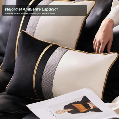 Vista 8 de Avigers - Funda de cojín decorativa de terciopelo, 20 x 20 pulgadas, diseño de rayas, cuero negro con blanco y dorado. Funda de cojín moderna