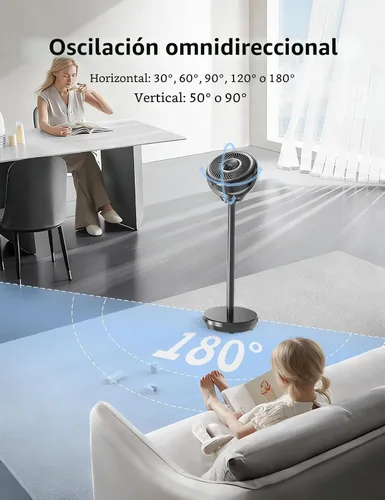 Vista 6 de Ventilador de pie para dormitorio, ventilador omnidireccional oscilante de 180°, ventilador de piso silencioso de 20 dB de CC ultra silencioso que