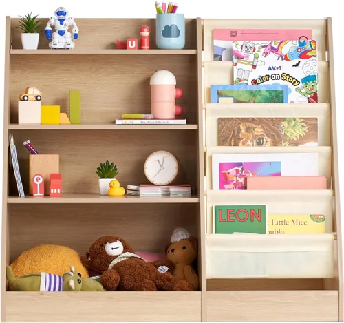 Vista 10 de VEVOR Estantería de madera para niños de 4 niveles, organizador de almacenamiento de juguetes para niños pequeños, estante de libros