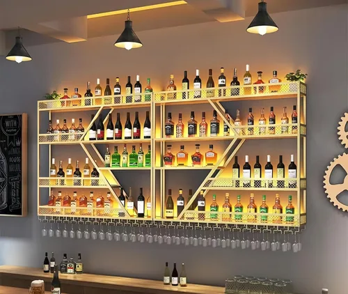 Vista 11 de Estante moderno de 59 pulgadas para vino montado en la pared con luz LED, estantes de barra de pared de metal con soporte para vidrio, estante