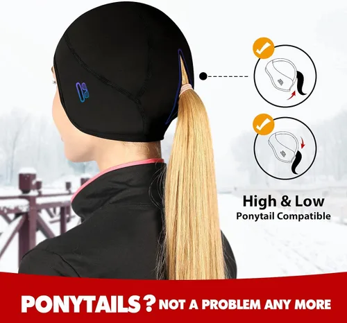 Vista 3 de Hikenture Gorro de calavera para casco con cola de caballo, gorro térmico de invierno para mujer, gorro de ciclismo para correr, gorro con agujeros