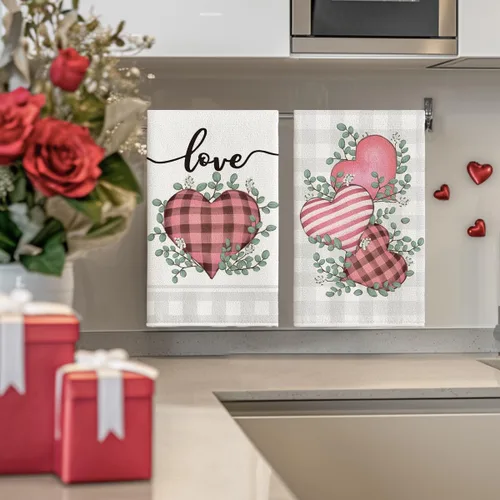 Vista 4 de Artoid Mode Toallas de Cocina Rosa a Cuadros de Búfalo Corazón Amor Toallas de Cocina para San Valentín, 18x26 Pulgadas Toallas de Mano